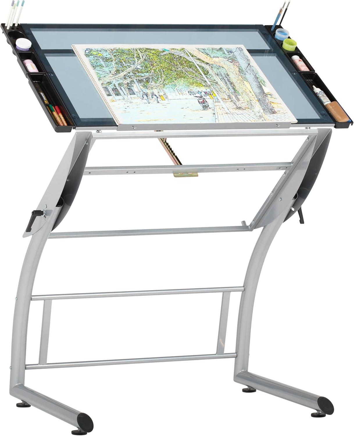 Inbox Zero Cournoyer Glass Top Metal Base Drafting Table