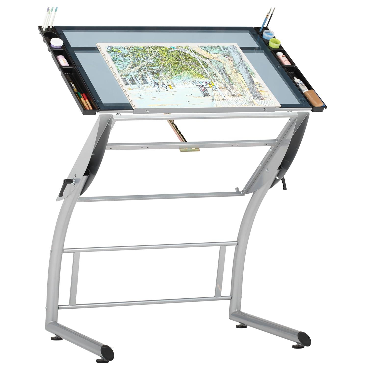 Inbox Zero Cournoyer Glass Top Metal Base Drafting Table