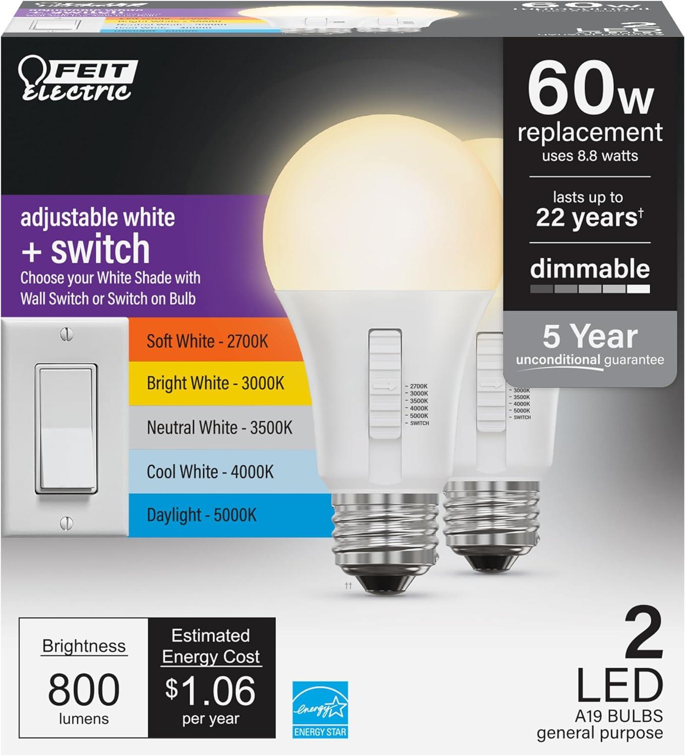 Feit Electric White Dimmable Color Changing LED Light Bulb 2-Pack