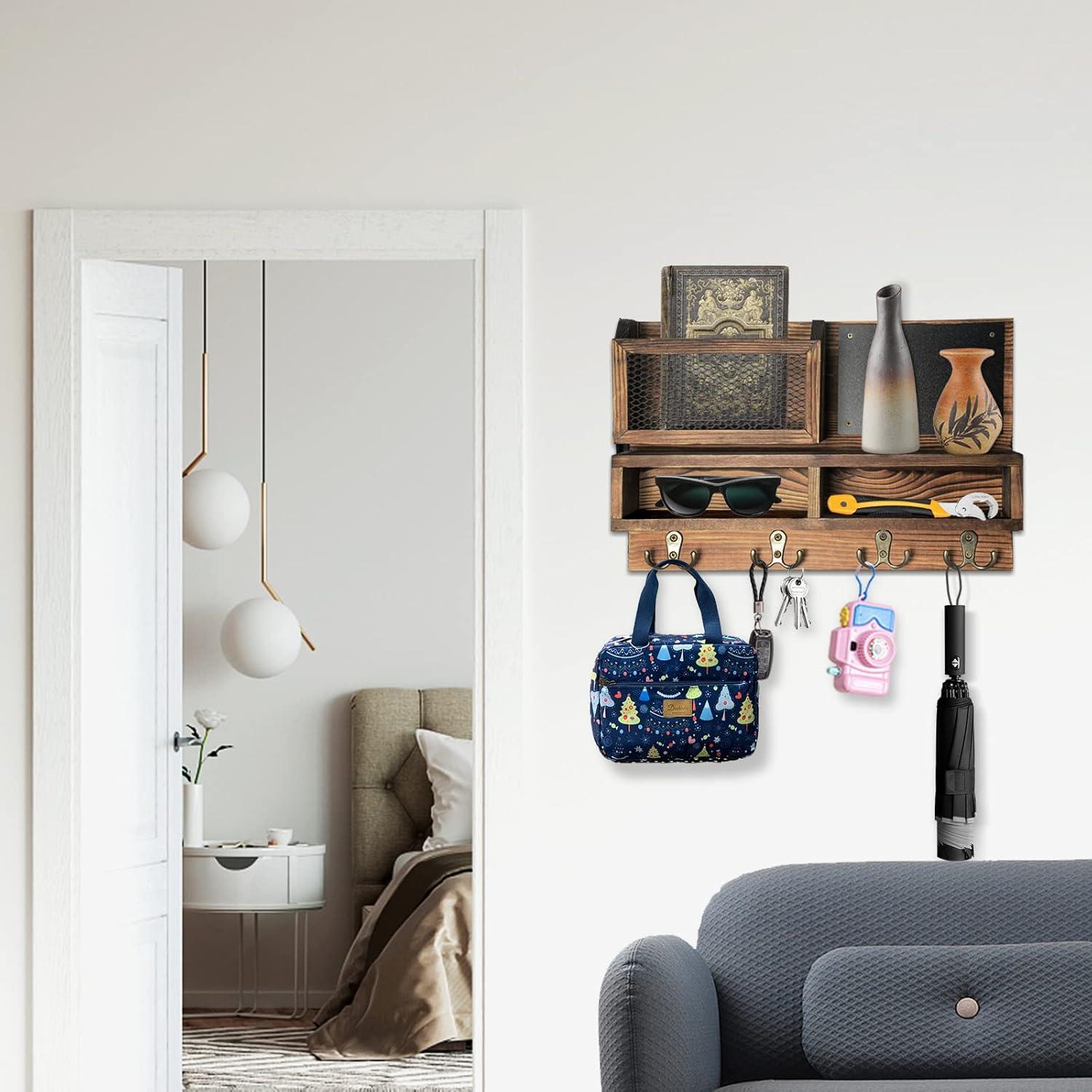 Rustic Pine Wood Wall Organizer with Key Hooks and Chalkboard