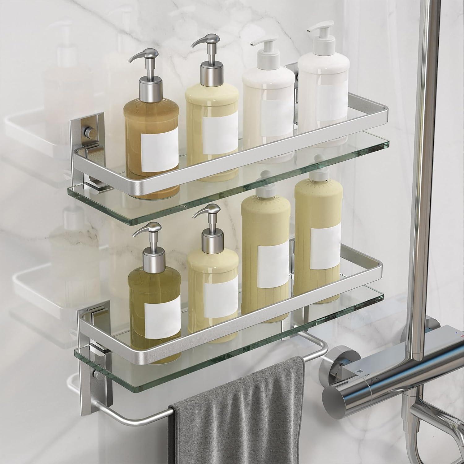 Matte Silver Bathroom Shelves Wall Mounted- Clear Tempered Glass Shelf with Towel Bar and Hand Towel Holder