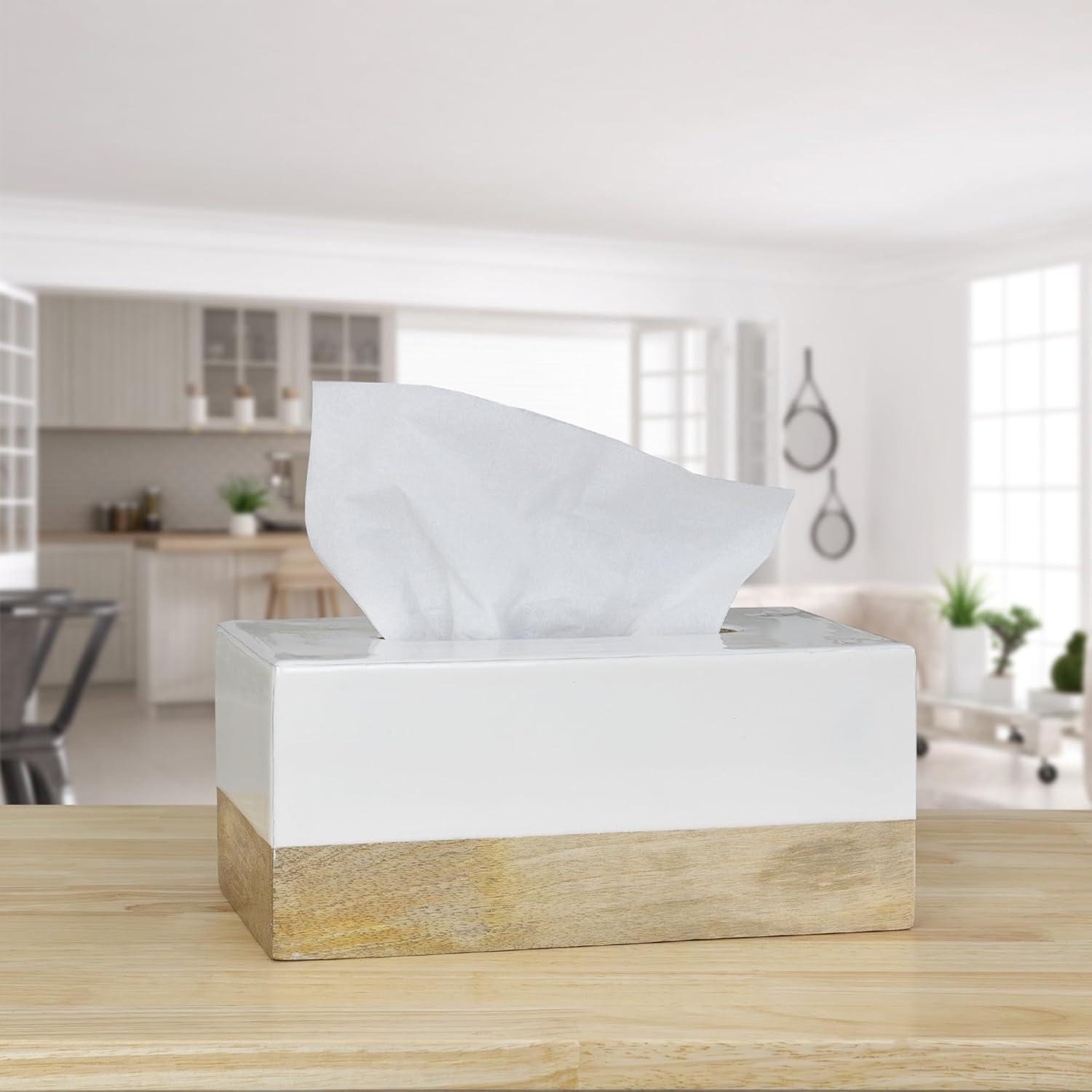 AuldHome Design Rectangular Tissue Box Cover (Enamel/Mango Wood); Minimalist Scandinavian Decor White Oblong Tissue Holder