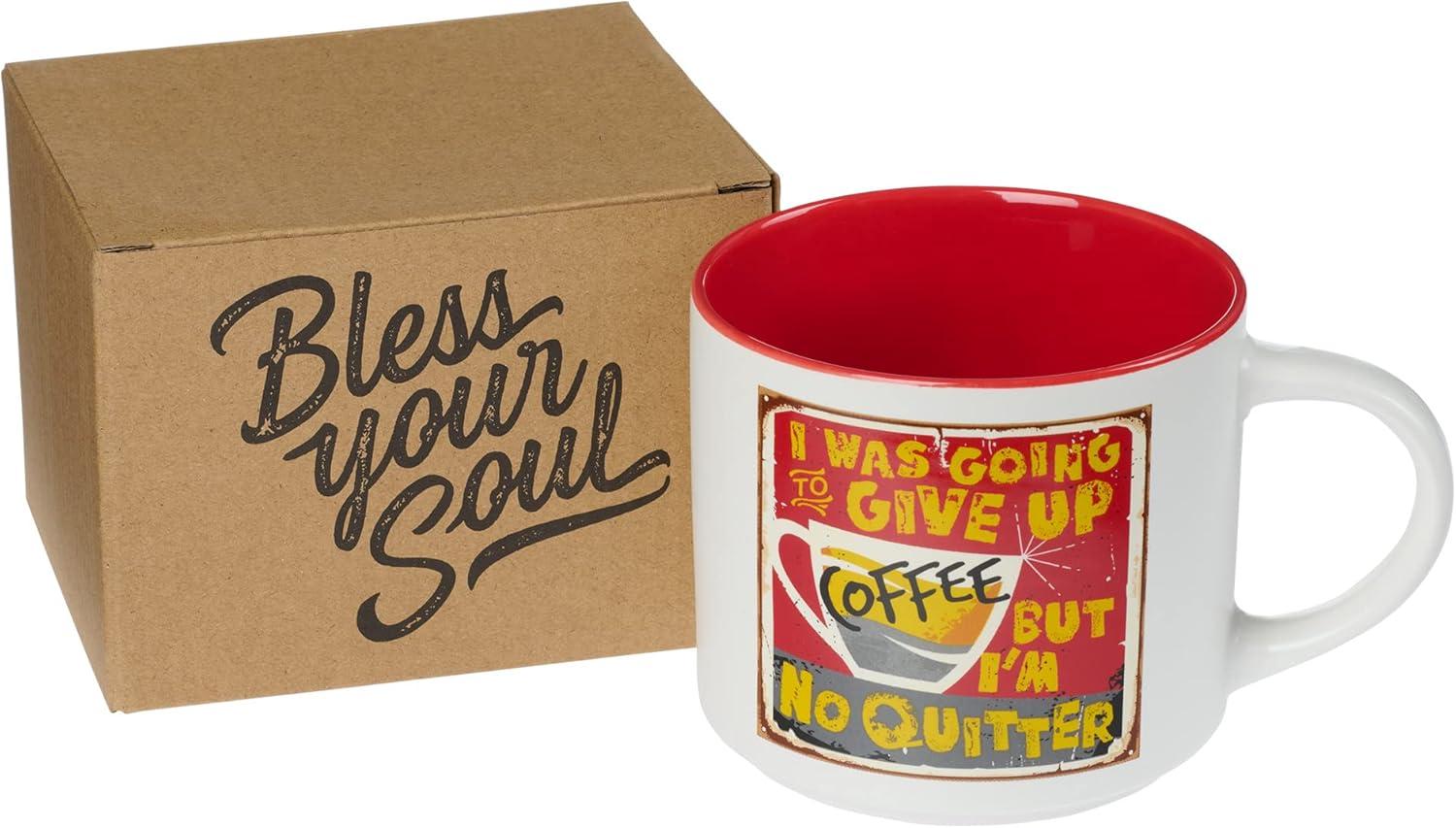 Bless Your Soul XL White Coffee Mug Give Up Coffee No Quitter, Funny Birthday Gifts for Women/Men, Mom, Dad Co-worker, Retro-Inspired Designs - 15oz Cup