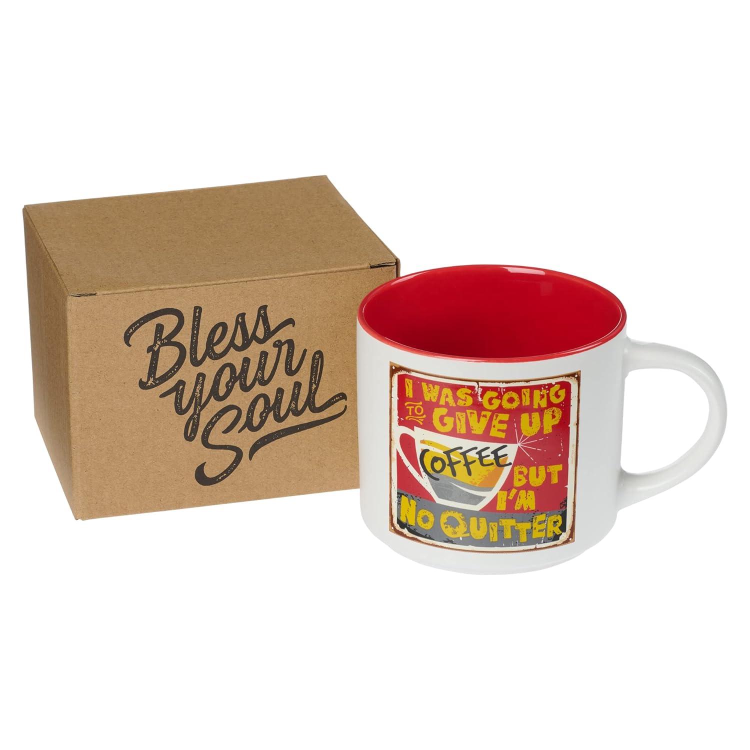 Bless Your Soul XL White Coffee Mug Give Up Coffee No Quitter, Funny Birthday Gifts for Women/Men, Mom, Dad Co-worker, Retro-Inspired Designs - 15oz Cup
