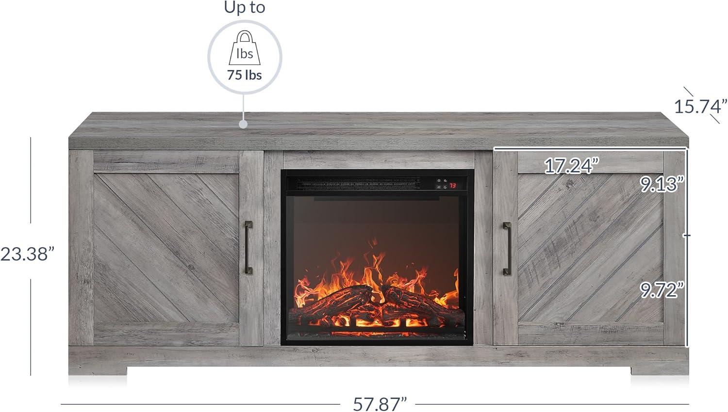 BELLEZE 58" Farmhouse TV Stand Media Entertainment Center For TVs up to 65" with 18" Fireplace - Hilo (Gray Wash)