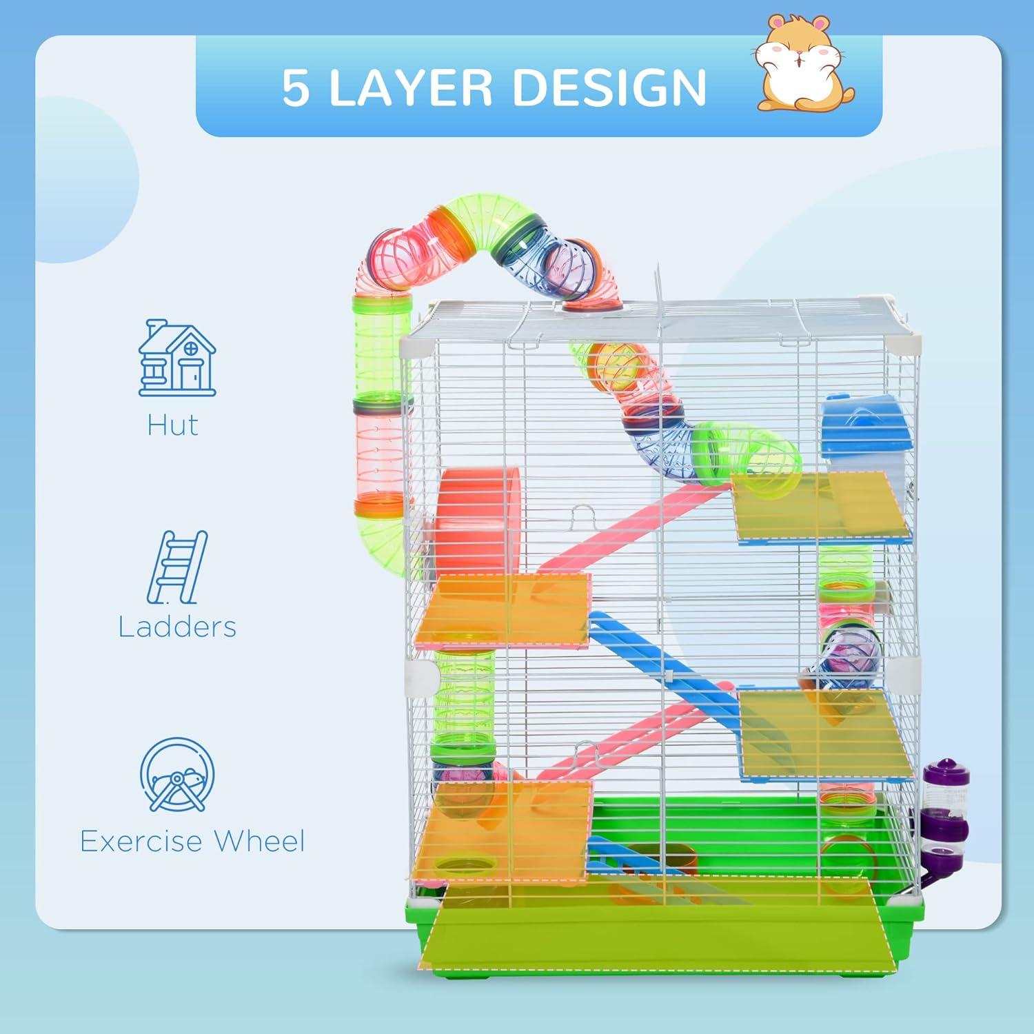 PawHut 5-Tier Hamster Cage Rodent Gerbil Habitat Habitat Metal Wire with Water Bottle, Food Dishes, Interior Ladder, Tube