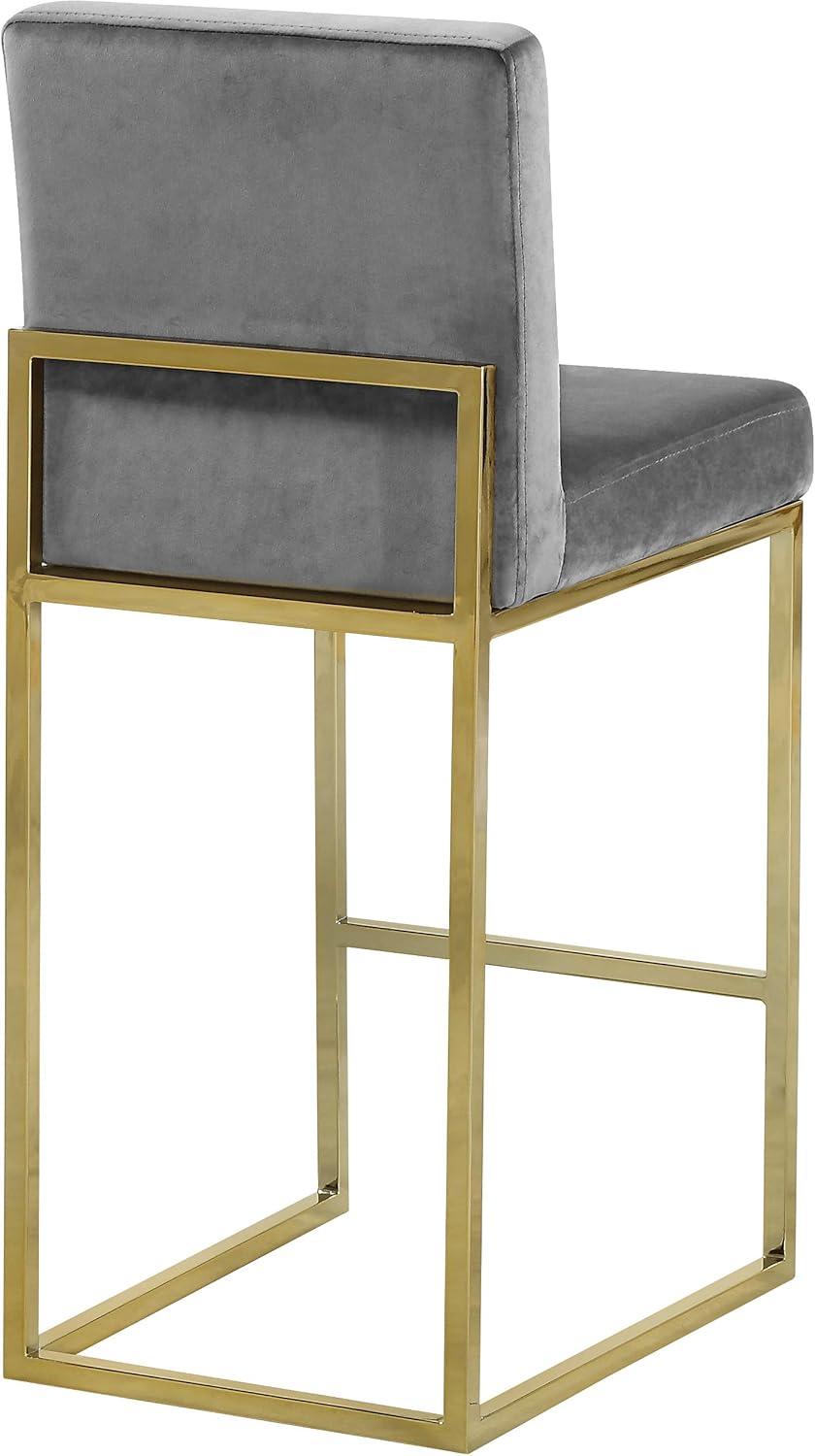 Contemporary Gray Velvet Counter Stool with Gold Metal Base