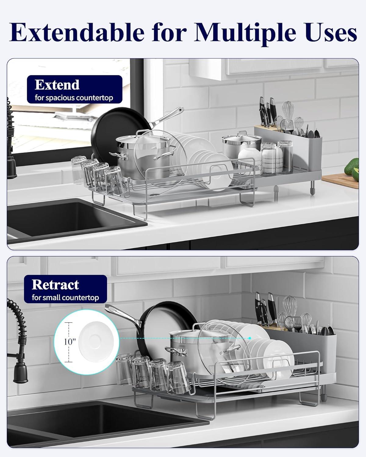 Kitsure Large Dish Drying Rack - Extendable Dish Rack, Multifunctional Dish Rack for Kitchen Counter, Anti-Rust Dish Drainers with Cutlery & Cup Holders 19.2"-26.7" L x 12.9" W, Grey