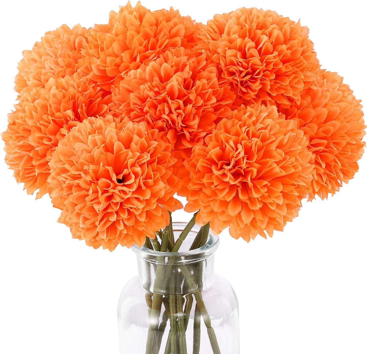 12pcs Orange Fake Flowers 12" Artificial Chrysanthemum Ball Silk Flowers Bouquet for Home Kitchen Wedding Table Arrangement Decorations