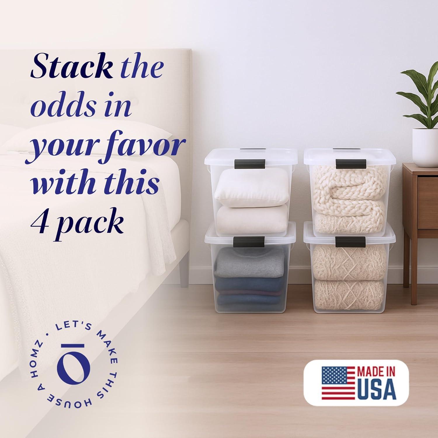 Homz 31 Quart Secured Seal Latch Extra Large Single Clear Stackable Storage Container Tote with Grey Handles for Home, Garage, or Basement, 4 Count