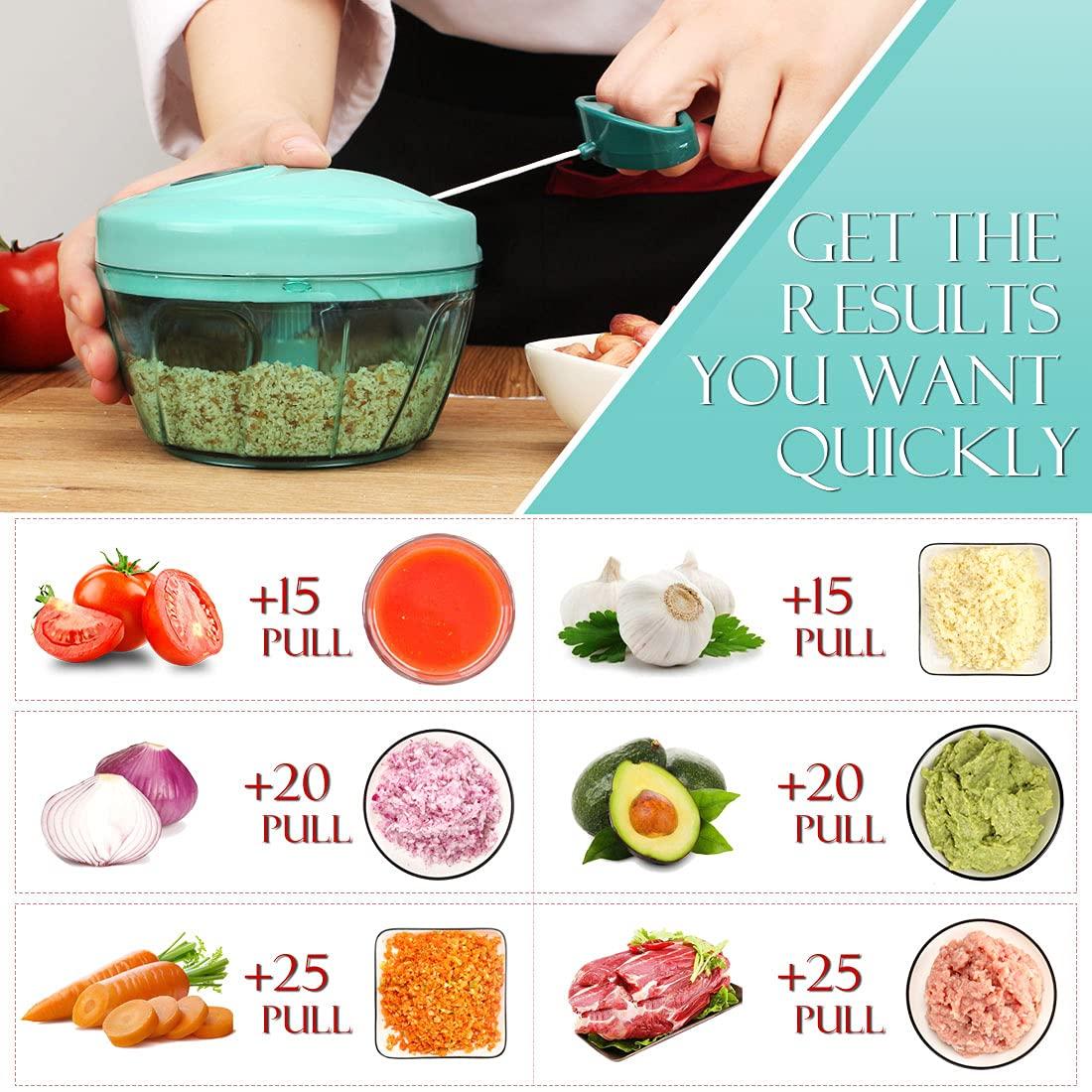 Manual Food Processor Vegetable Chopper, Ourokhome Portable Hand Pull String Garlic Mincer Onion Cutter for Veggies, Ginger, Fruits, Nuts, Herbs, etc., 2 Cup, Blue