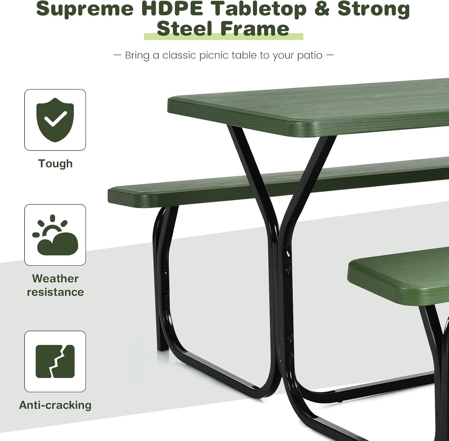 Spaco Picnic Table Bench Set for Outdoor Camping -Green, Furniture Conversation Sets, Coffee Table for Garden, Poolside, Backyard