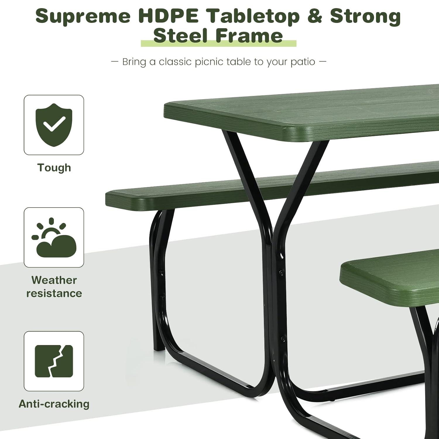 Spaco Picnic Table Bench Set for Outdoor Camping -Green, Furniture Conversation Sets, Coffee Table for Garden, Poolside, Backyard