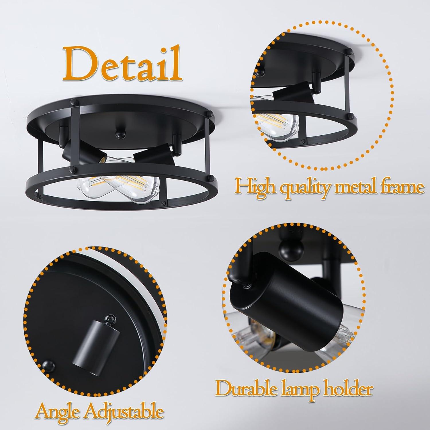 2 Pack Black Farmhouse Flush Mount Ceiling Light,2-Light Rustic Hallway Lighting Fixtures,Industrial Light Fixtures Ceiling Mount for Kitchen Hall Entry Bedroom Closet