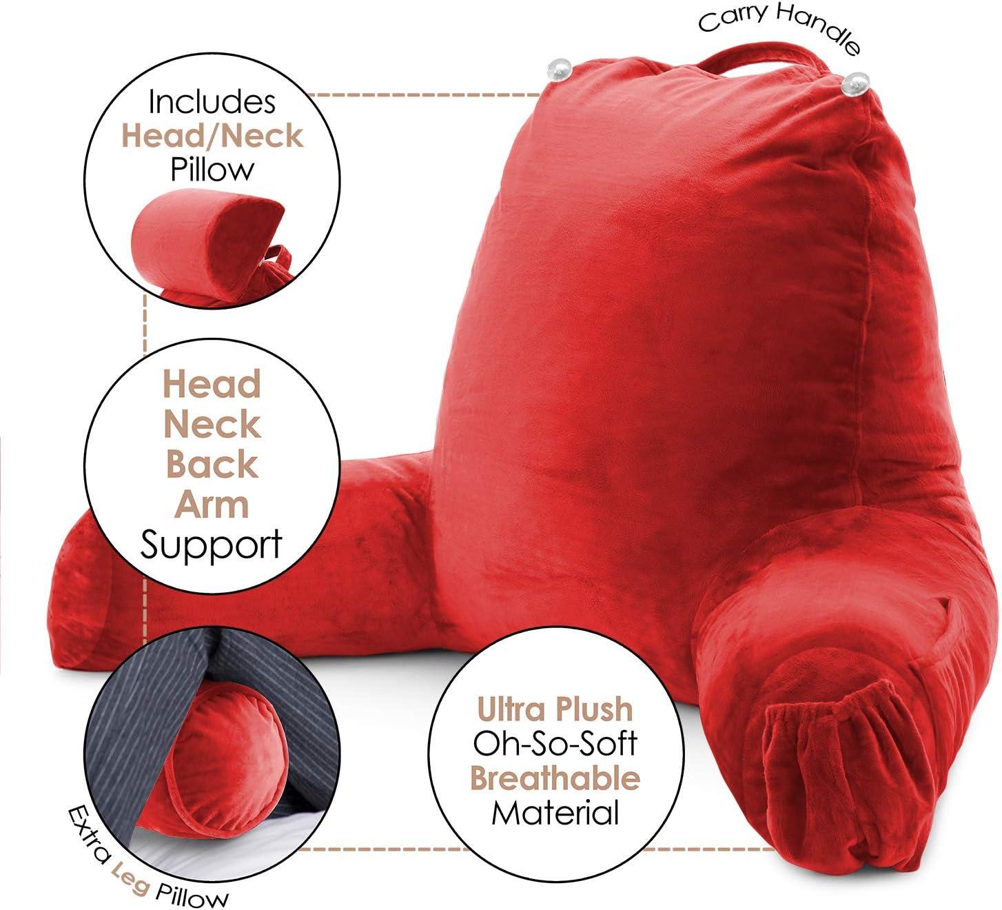 Nestl Reading Pillow with Shredded Memory Foam Includes 2 Neck and Lumber Support Pillows, Designed for Sitting Up in Bed and Couch, Back and Arms Adjustable Support for Adult & Teens, Red