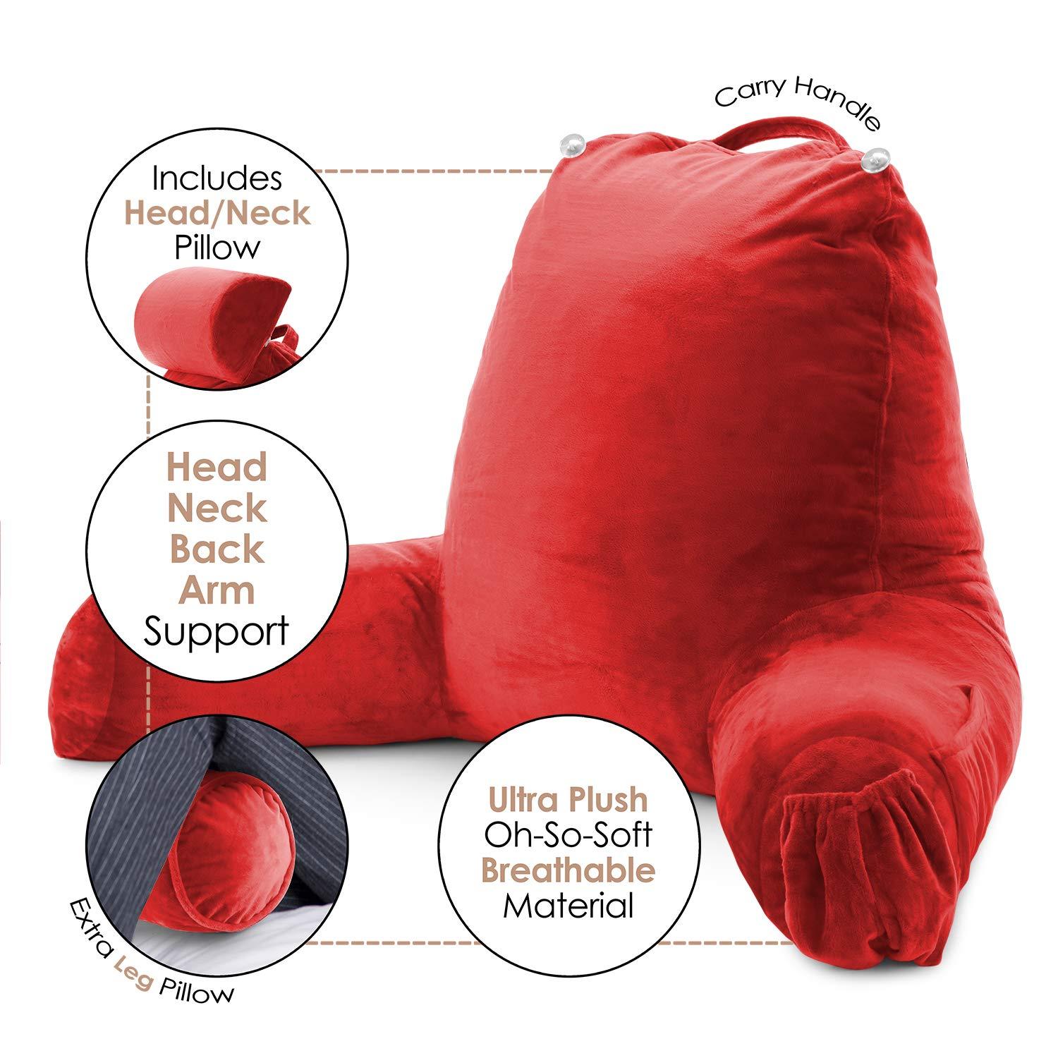 Nestl Reading Pillow with Shredded Memory Foam Includes 2 Neck and Lumber Support Pillows, Designed for Sitting Up in Bed and Couch, Back and Arms Adjustable Support for Adult & Teens, Red