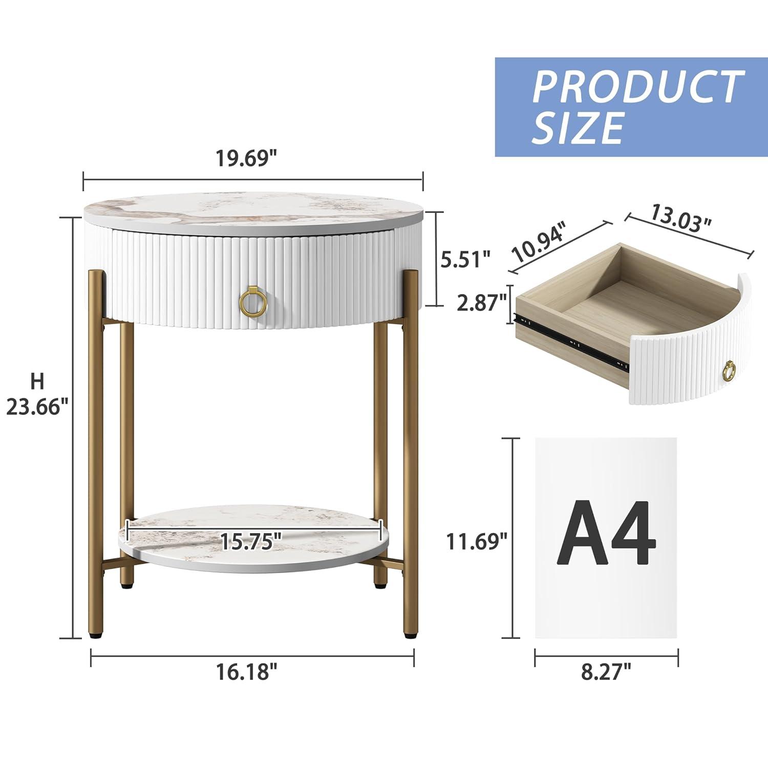 ASYA Gold End Table with Drawer, 2-Tier Nightstand Side Table with Natural Stone Top, Round Bedside Table Accent Table for Living Room Bedroom