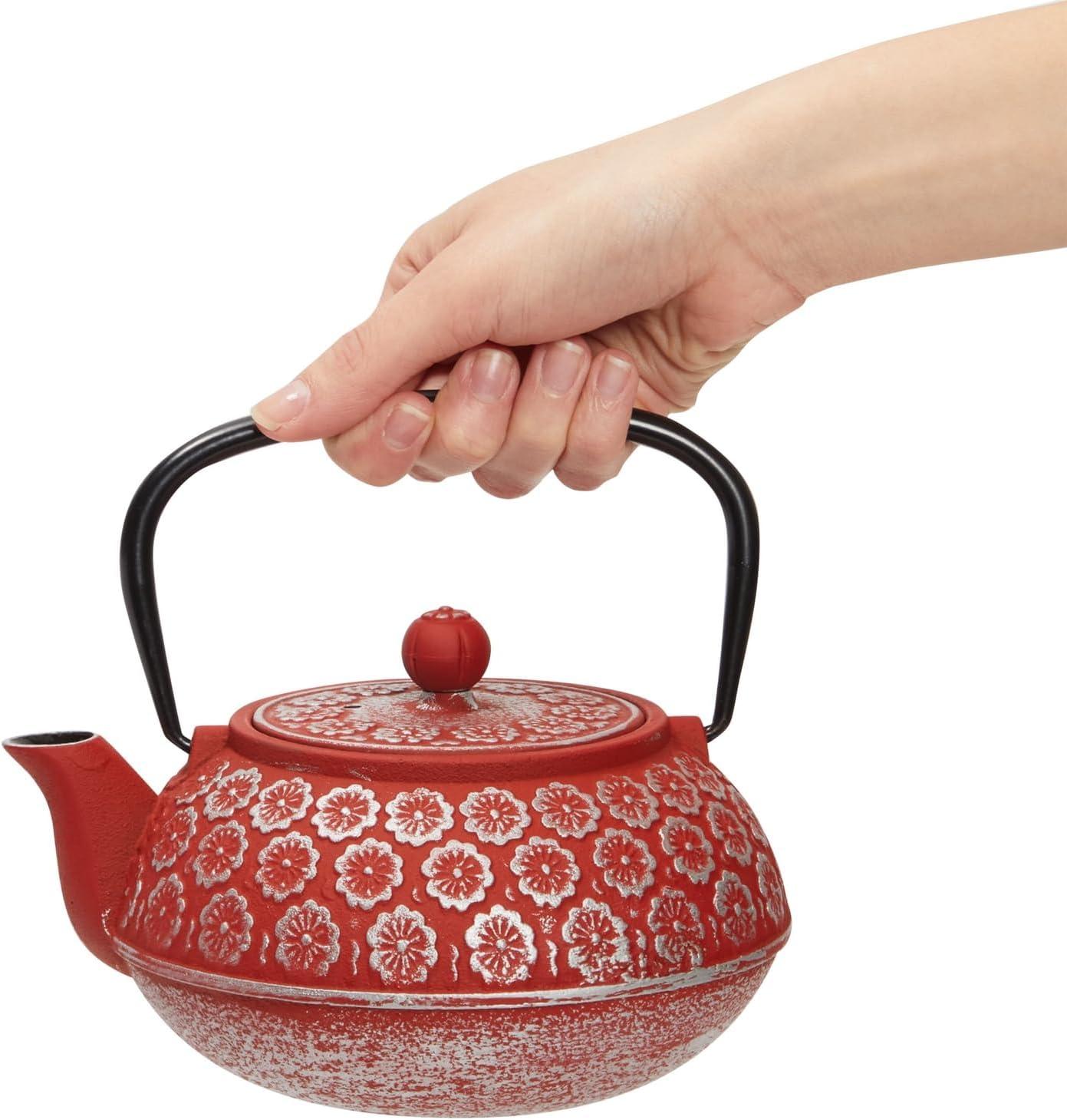 Juvale Green Cast Iron Floral Teapot Kettle with Stainless Steel Infuser Set, Japanese Tea Pot for Kitchen Pantry, 34 oz