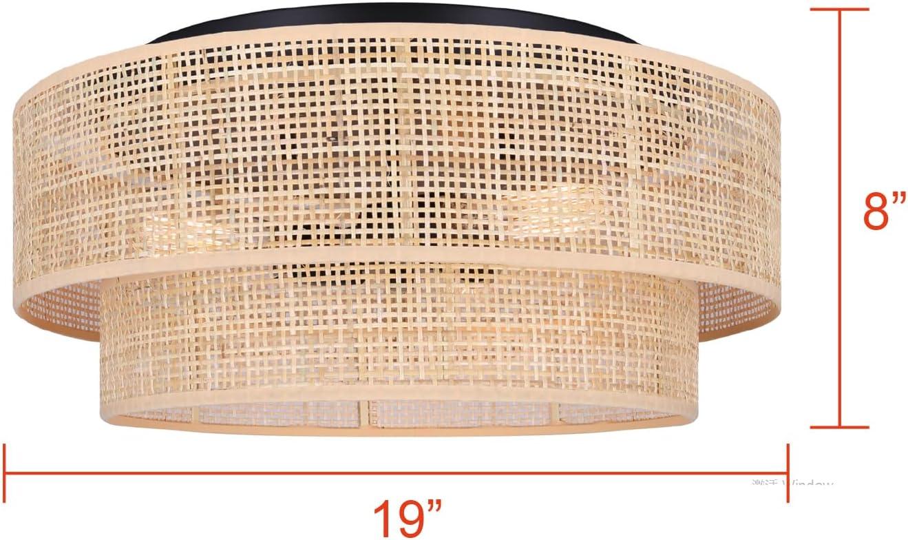 Bellamy 19-Inch 3-Light Flush Mount Ceiling Light – Contemporary Black Finish with Natural Rattan Shade, Warm Lighting for Bedroom, Hallway, or Entryway