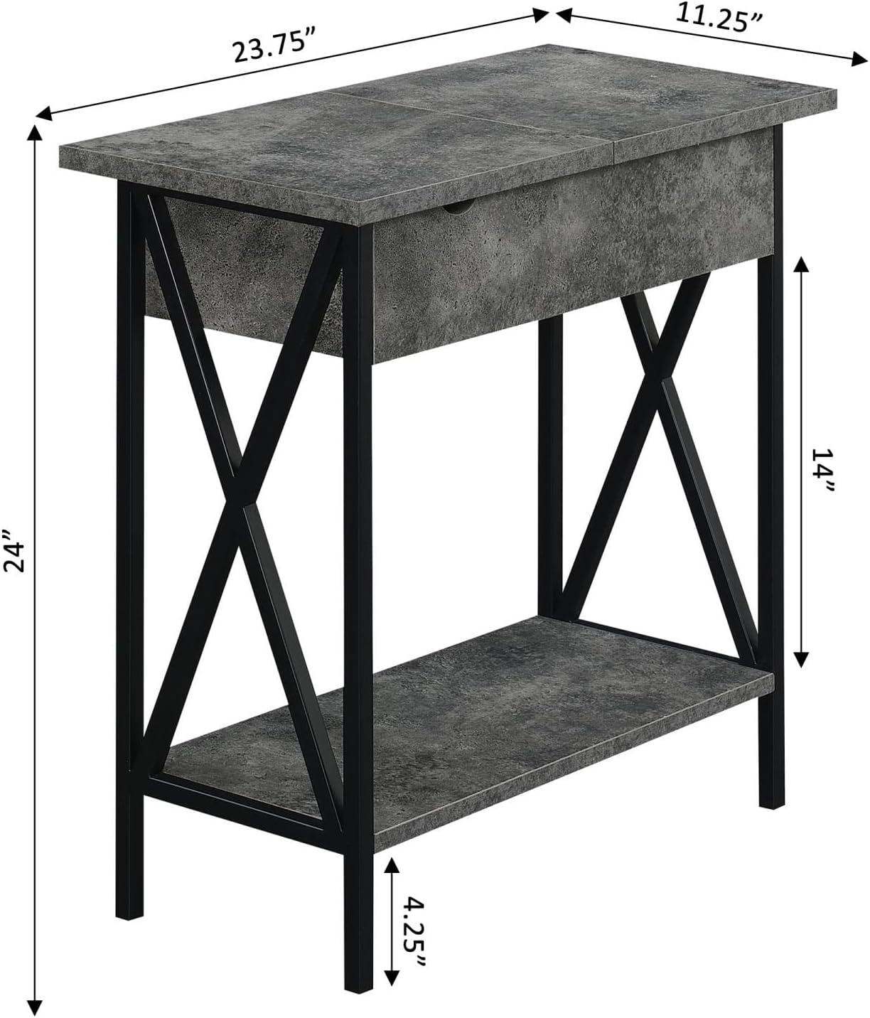 Convenience Concepts Tucson Flip Top End Table with Charging Station and Shelf, Cement/Black