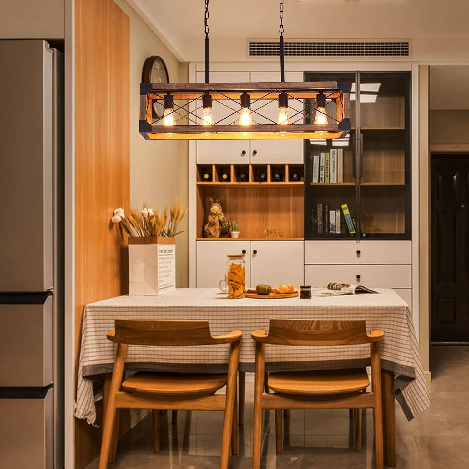 Bribyit Kitchen Island Lighting, 33.5-Inch 5 Lights Farmhouse Linear Chandelier for Dining Room Pool Table Pendant Light Fixture, Rustic Wood Grain Finish, Industrial Pendant Light