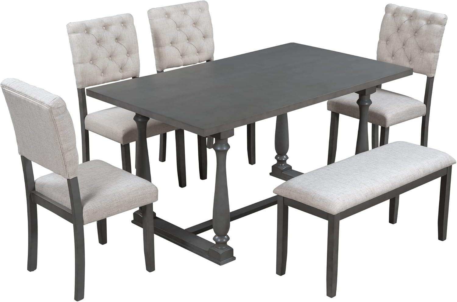 Kitchen Dining Set for 6, Retro Style Rectangular Wood Table and 4 Chairs 1 Bench with Special-Shaped Legs and Foam-Covered Seat Backs&Cushions for Family,(6 Pieces,Grey)