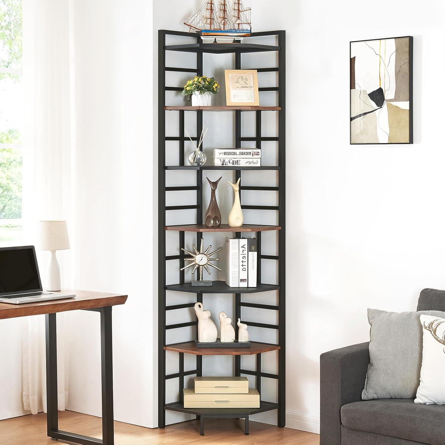 Industrial Black and Brown 7-Tier Corner Bookshelf