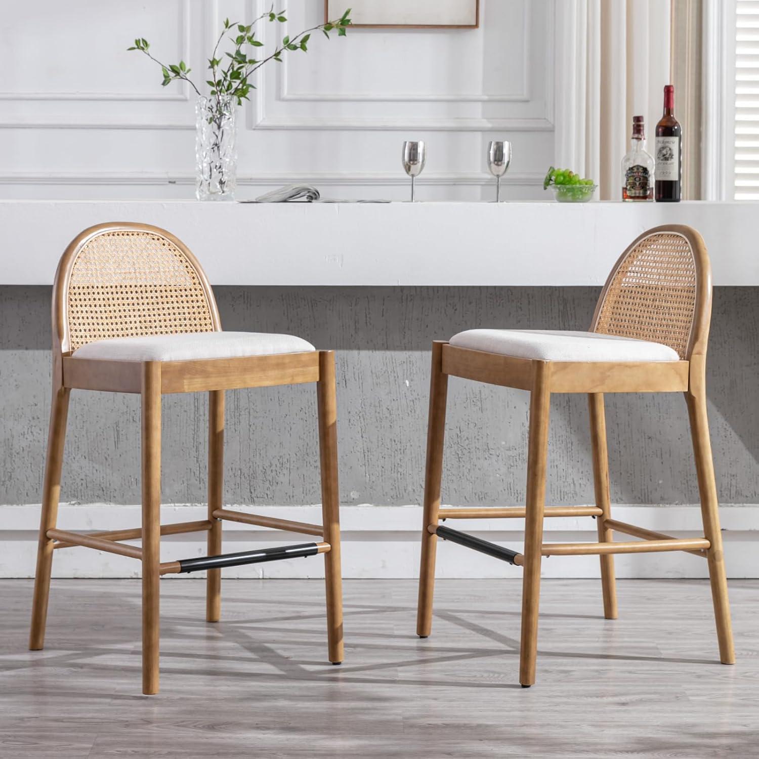 Bayou Breeze Emington Modern Stools with Rattan Backrests and Wood Frame (Set of 2)