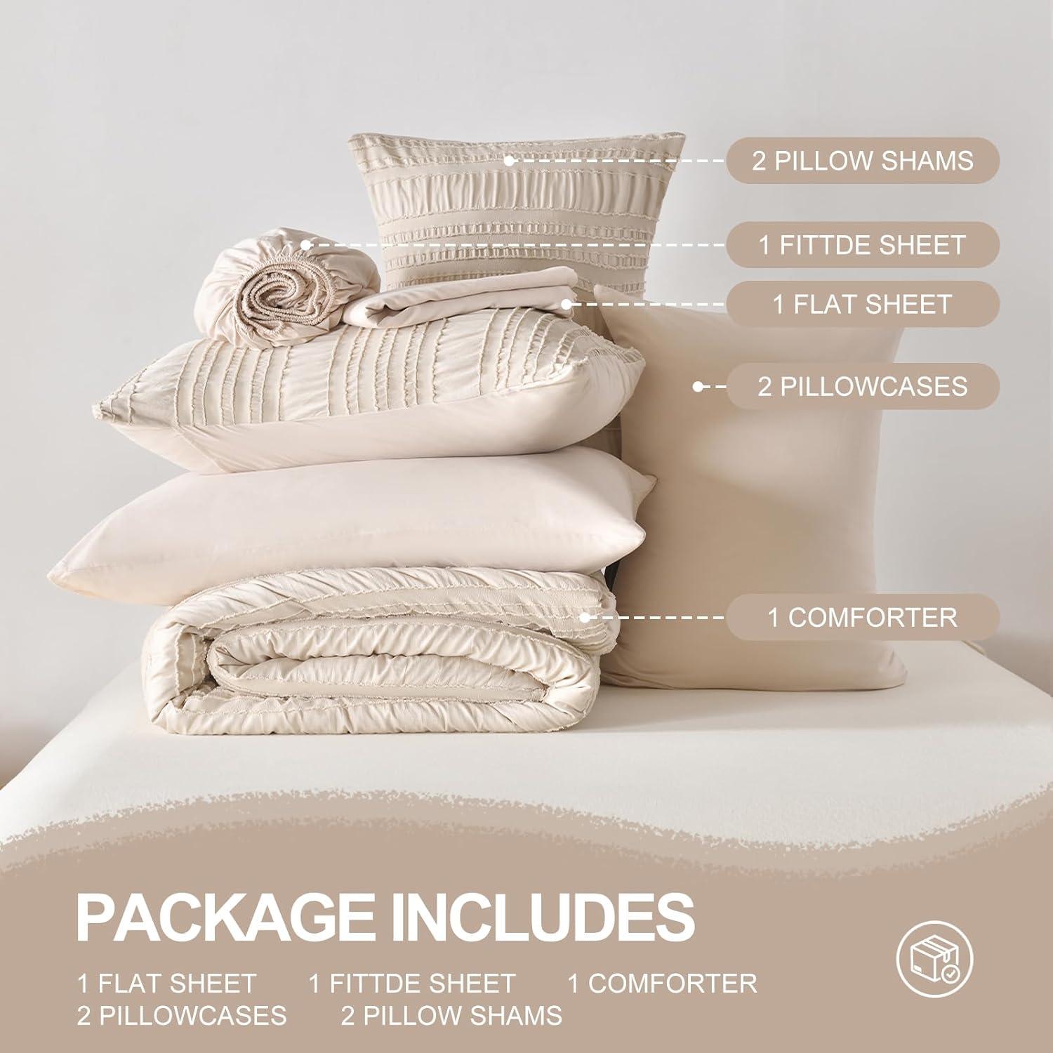 Beige Tufted Comforter Set Queen Size 7 Piece Bed in a Bag，Shabby Chic Boho Bedding for Bedroom Comforter，All Season Soft Microfiber Ruffle Comforter Set with Pillow and Sheets