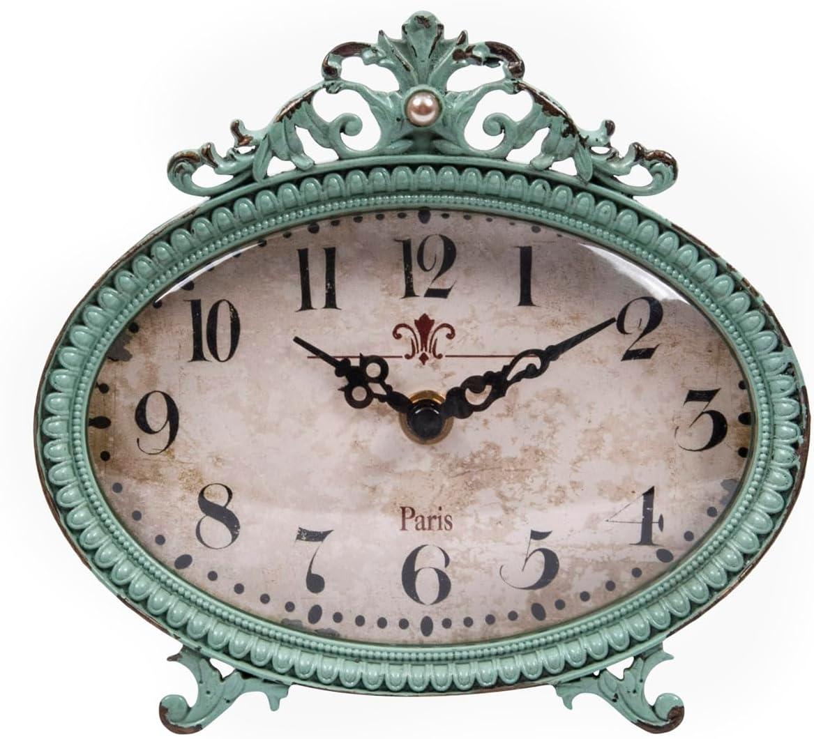 Woven Paths 6.5" x 2" x 6.25" Antique Style Pewter Mantel Clock in Distressed Aqua