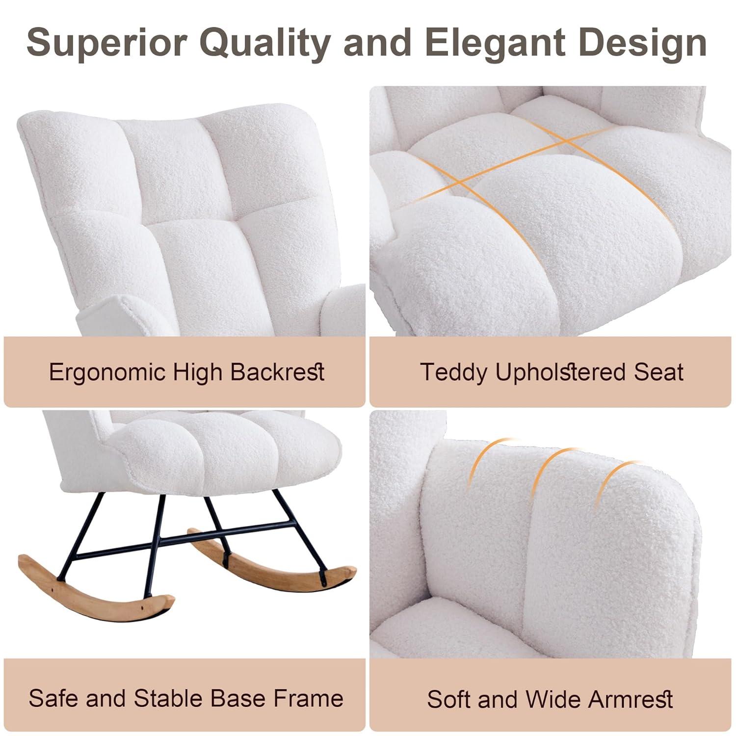 Nursery Rocking Chair Teddy, Upholstered Glider Rocker with High Backrest, Comfortable Stylish Accent Armchair with Padded Seat for Living Rooms, Bedrooms, Offices