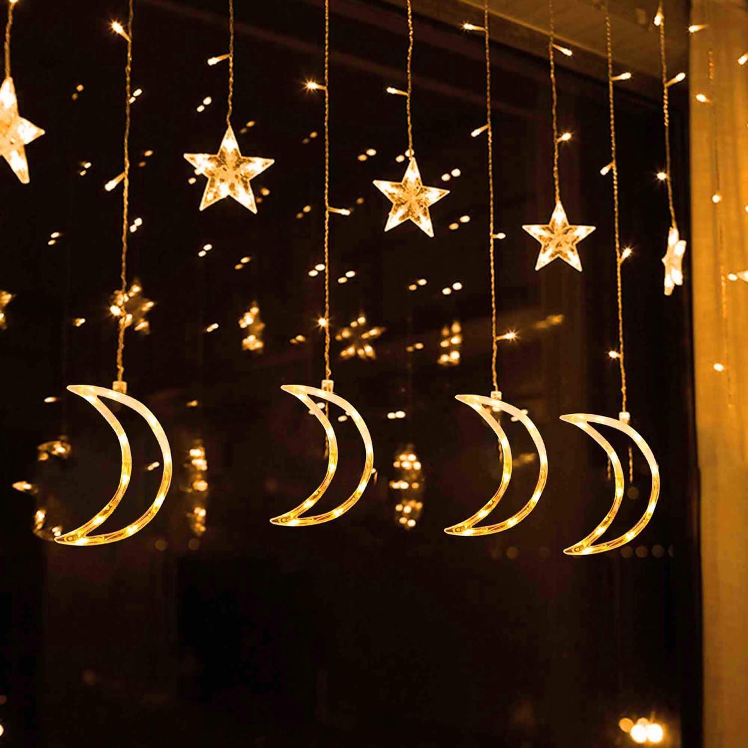 Warm White LED Star Moon Curtain Lights with Remote Control
