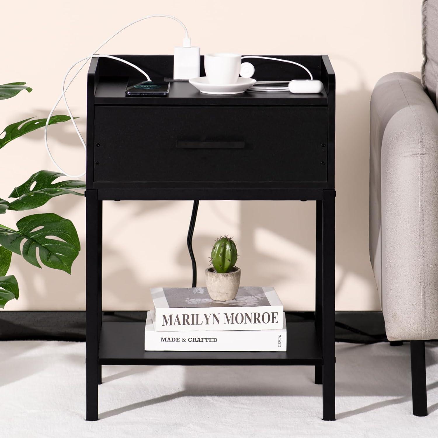 YAHARBO White Nightstand Set of 2 with Charging Station, Small Bedside Table with USB Ports and Power Outlets, Modern End Side Tables with Drawer, Night Stand for Bedroom, Office, Small Space