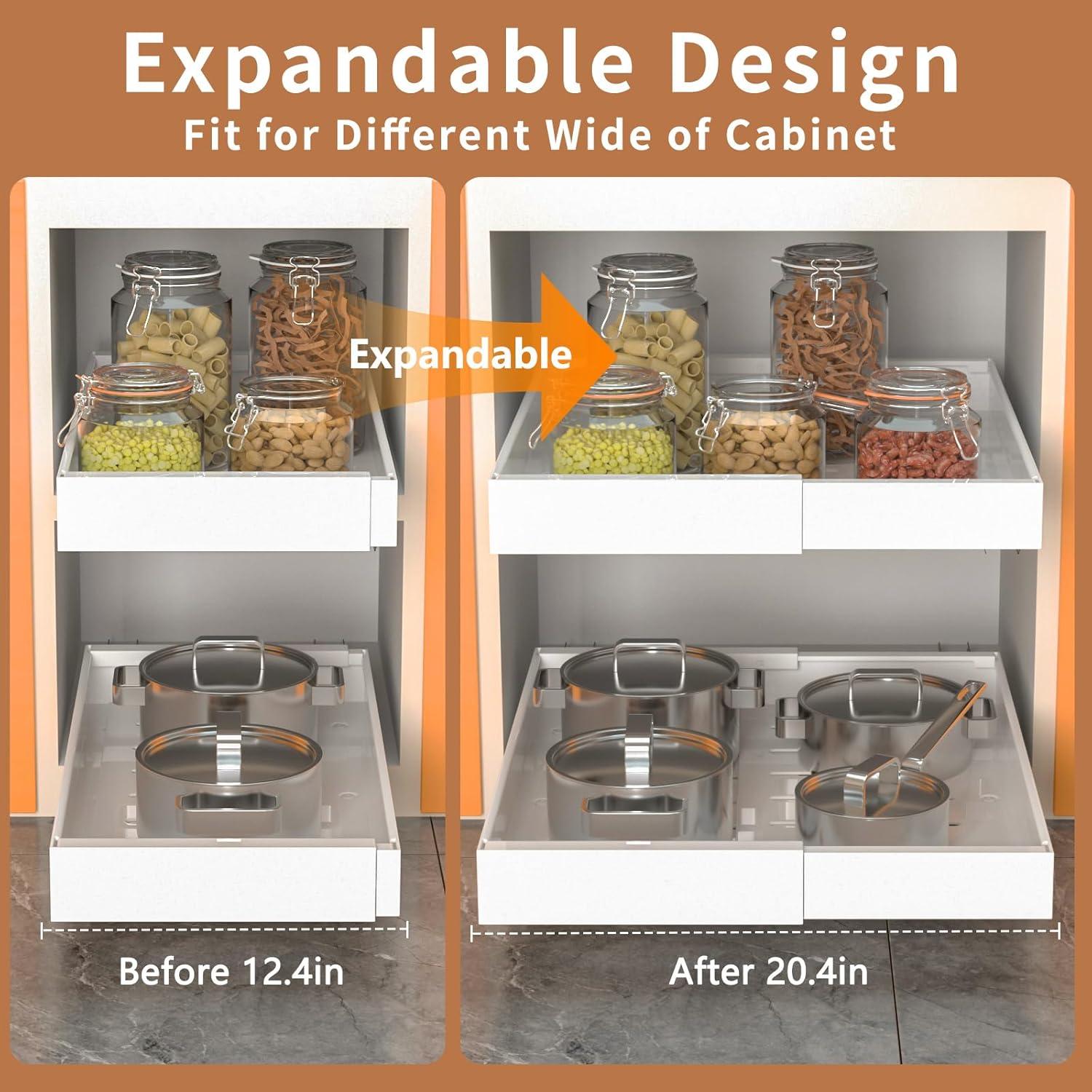 Pull Out Cabinet Organizer 2 pack,Expandable (12.6"-20.4") Pull Out Drawers for Cabinets, Slide Out Cabinet Organizers with Adhesive Nano Film for Kitchen Cabinet Organization