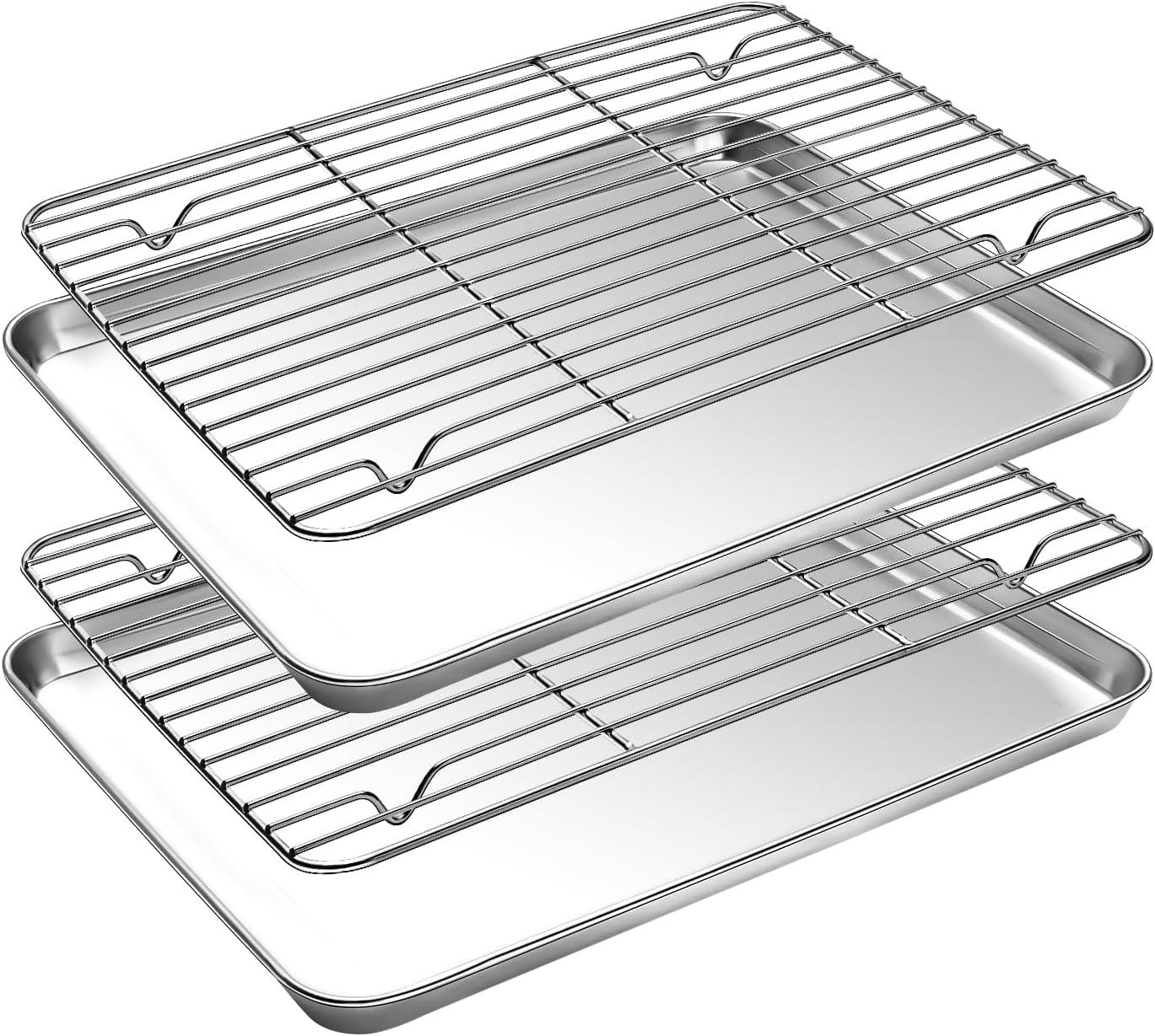 Baking Sheet with Rack Set [2 Pans + 2 Racks ] HKJ Chef Stainless Steel Cookie Sheet Baking Pan Tray with Cooling Rack, Size 9x7x1 Inch, Non Toxic & Heavy Duty & Easy Clean