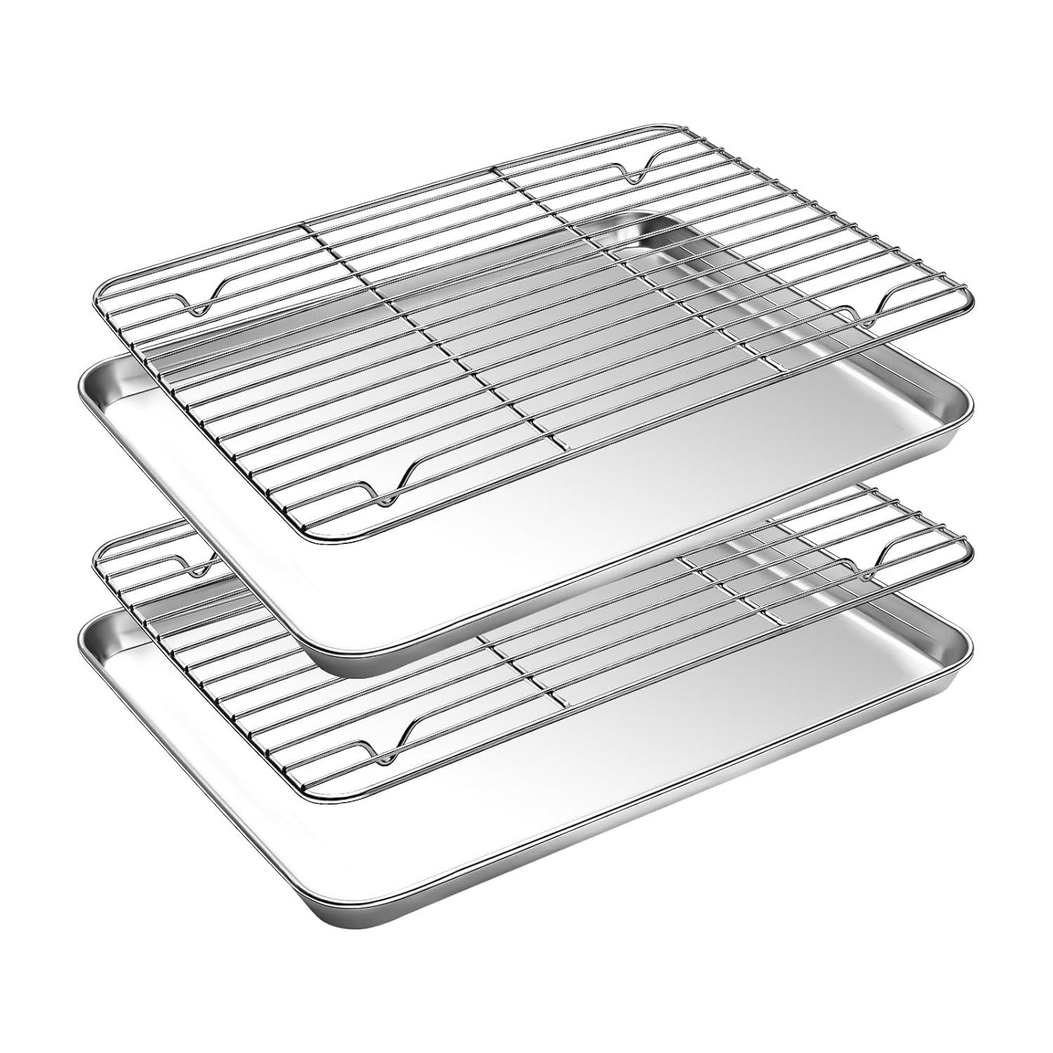Baking Sheet with Rack Set [2 Pans + 2 Racks ] HKJ Chef Stainless Steel Cookie Sheet Baking Pan Tray with Cooling Rack, Size 9x7x1 Inch, Non Toxic & Heavy Duty & Easy Clean