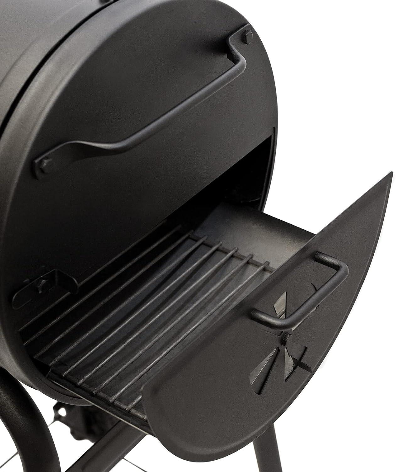 Black Barrel Charcoal Grill with Wood Shelf and Cast Iron Grates