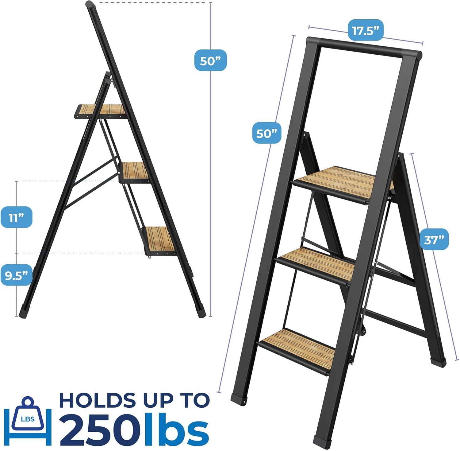 Step Ladder 3 Step Folding, Decorative - Beautiful Bamboo & Black Aluminum, Ultra Slim Profile, Anti Slip Steps, Sturdy-Portable For Home, Office, Kitchen, Photography Use,