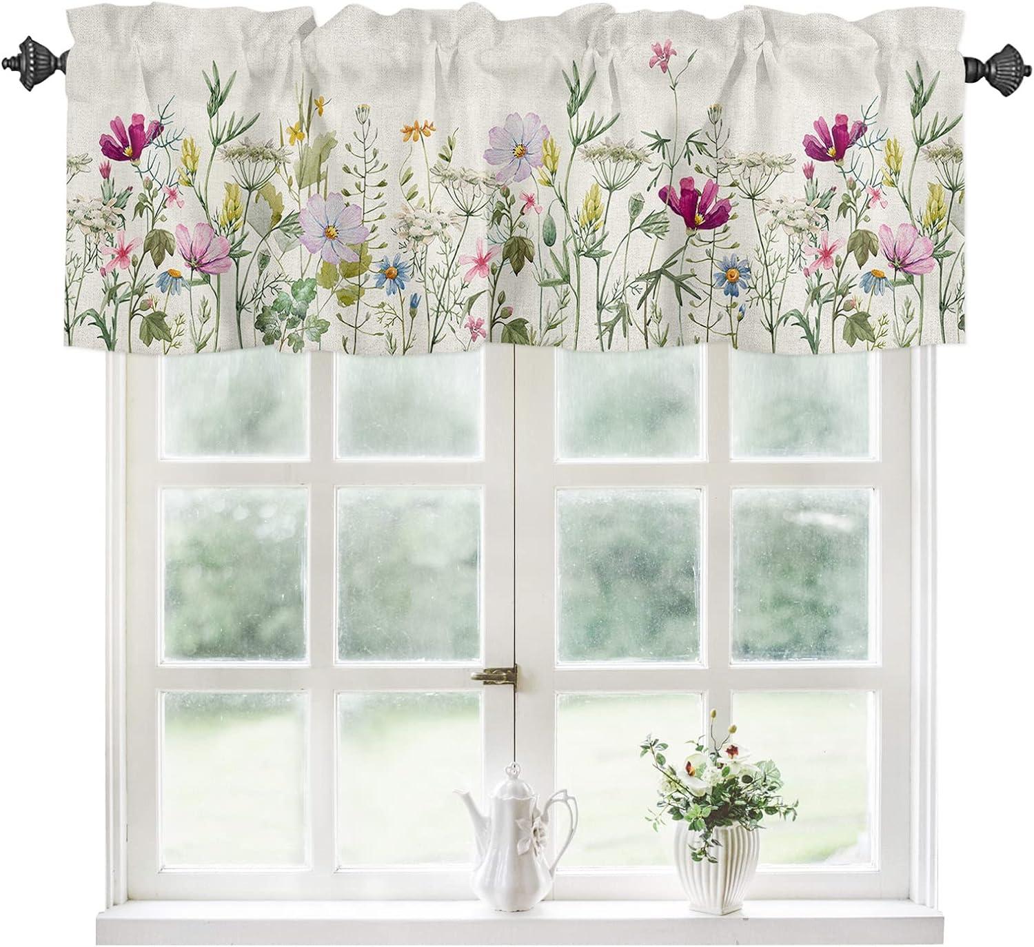 Spring Watercolor Floral Print Valance with Rod Pocket, 54" x 18"