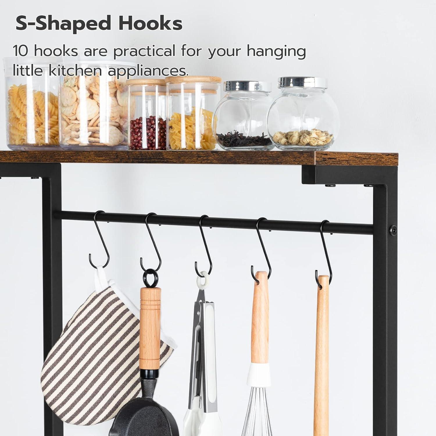 HOOBRO Kitchen Bakers Rack with Power Outlet, 5-Tier Coffee Bar with Adjustable Wine Rack, Microwave Stand with 10 S-Shaped Hooks, Kitchen Storage Shelf Rack, Rustic Brown BF60UHB01
