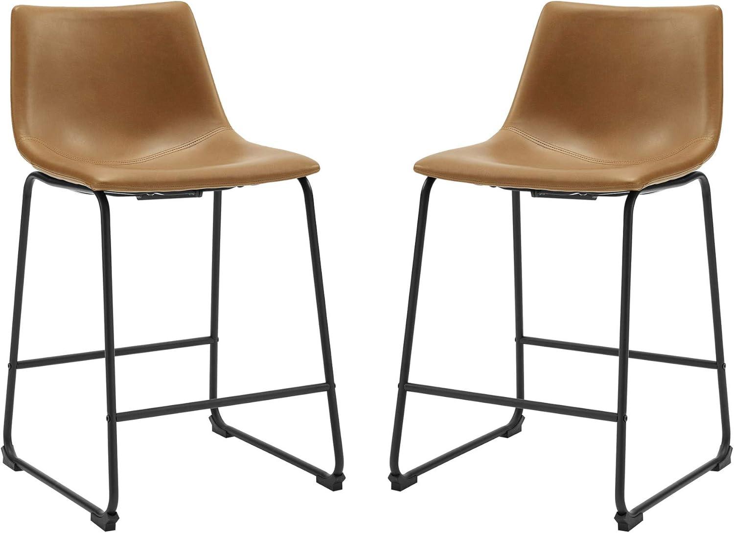 Walker Edison Full Back Faux Leather Counter Stools, Set of 2, Whiskey Brown