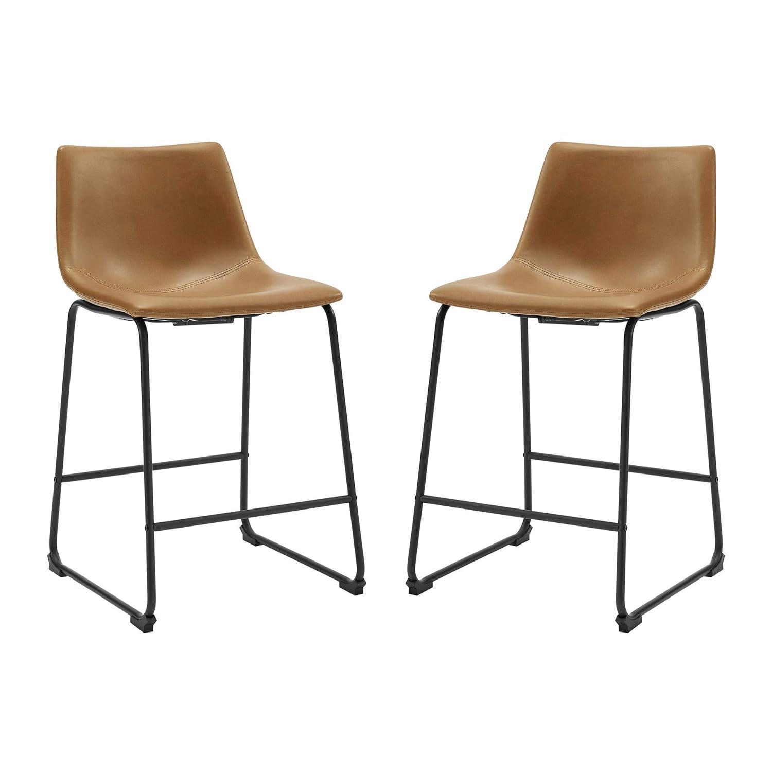 Whiskey Brown Faux Leather Industrial Counter Stools, Set of 2