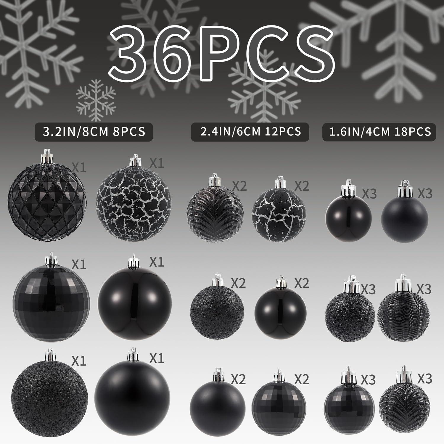 AMIBZ 36-Piece Shatterproof Black,Christmas Balls Set With Hanging Loops For Christmas Tree Decorations