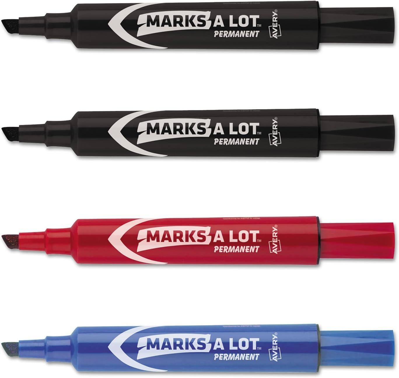 Avery Marks A Lot Permanent Markers, Regular Desk-Style, Asstd, 4/PK Regular Marker Point - Chisel Marker Point Style - Black, Blue, Red - Black, Blue, Red Barrel - 4 / Pack