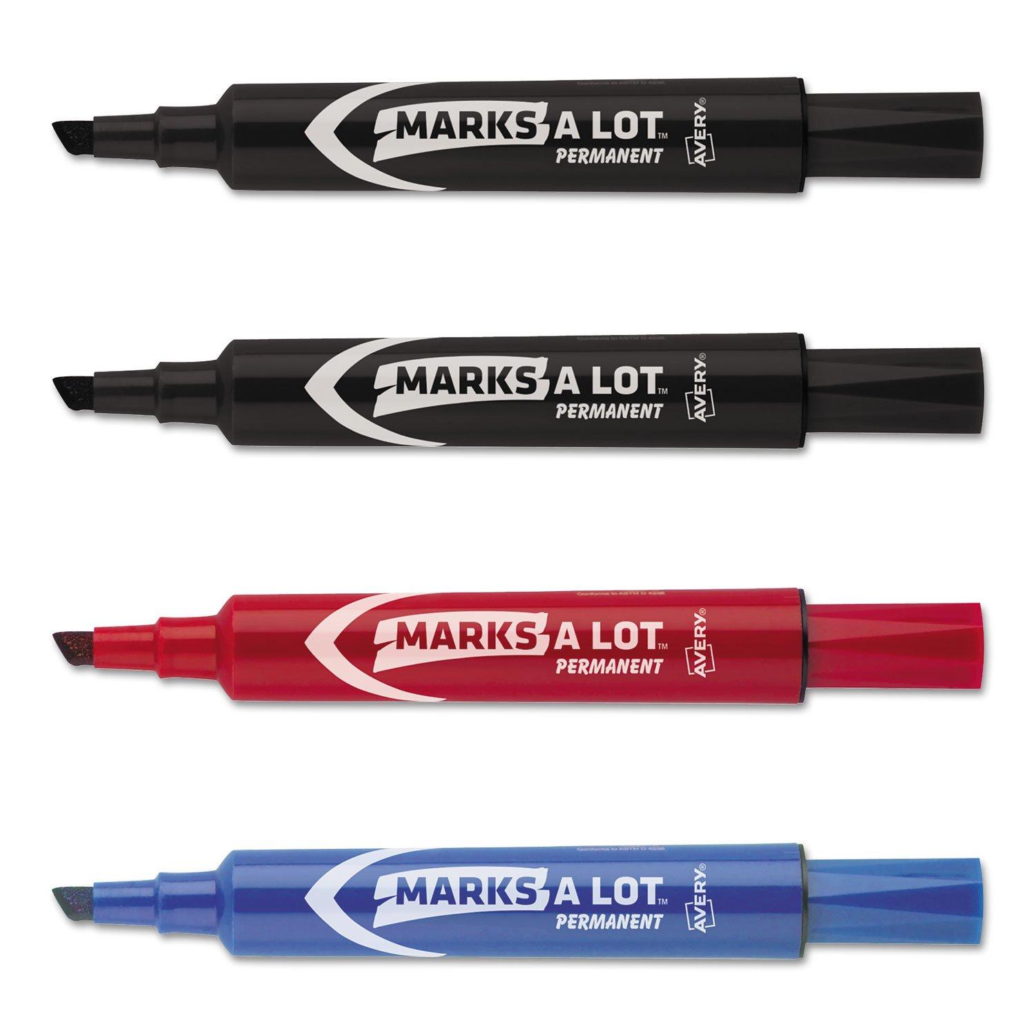 Avery Marks A Lot Permanent Markers, Regular Desk-Style, Asstd, 4/PK Regular Marker Point - Chisel Marker Point Style - Black, Blue, Red - Black, Blue, Red Barrel - 4 / Pack