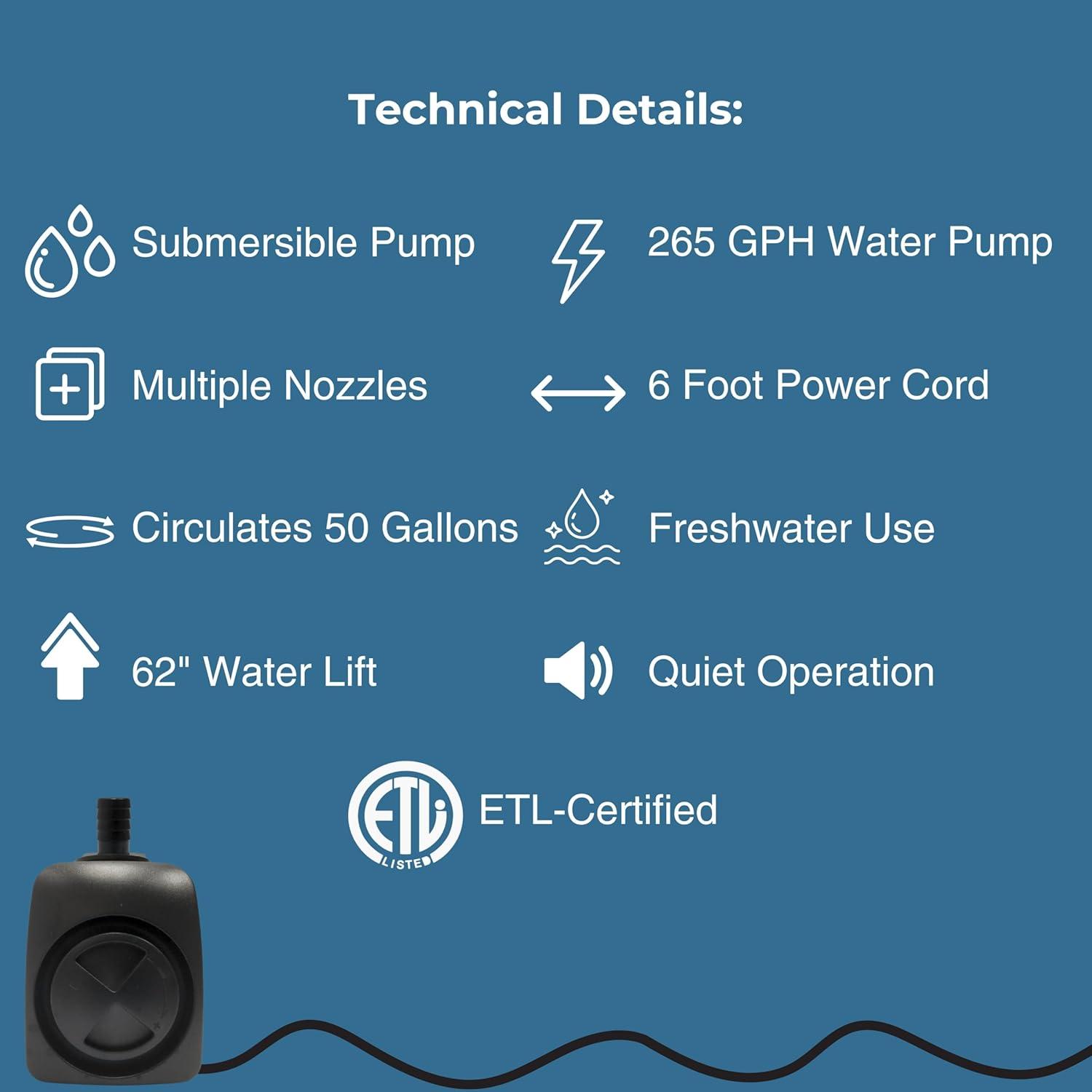 Black Submersible Water Pump for Fountains and Ponds, 265 GPH