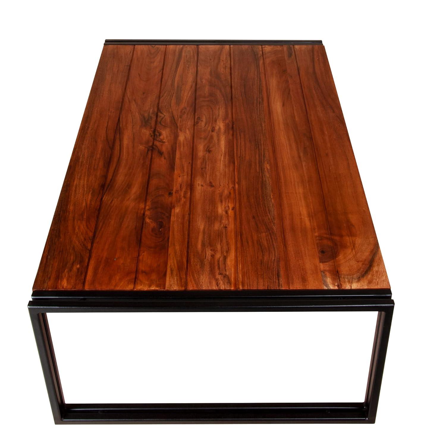 48 Inch Wooden Coffee Table with Double Metal Sled Base Brown and Black - Saltoro Sherpi