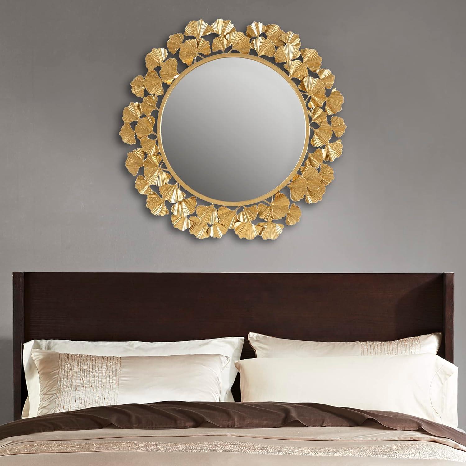 Luxurious Eden Gold Ginkgo Leaf Round Wood Wall Mirror 31"