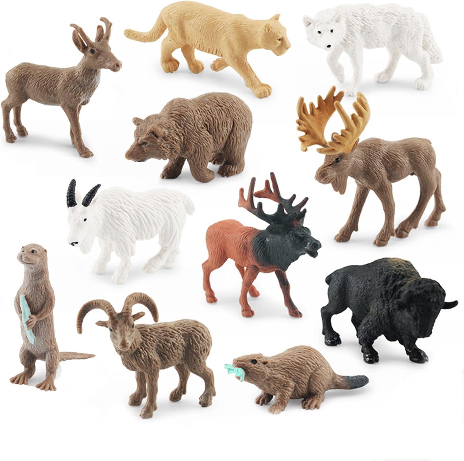 1-2 Inch North American Animals Set Mini Wild Animals Figurines Set Plastic Wolf Figure Moose Figure Toy Gift for Kid Toddlers Raccoon Animals Cake Topper