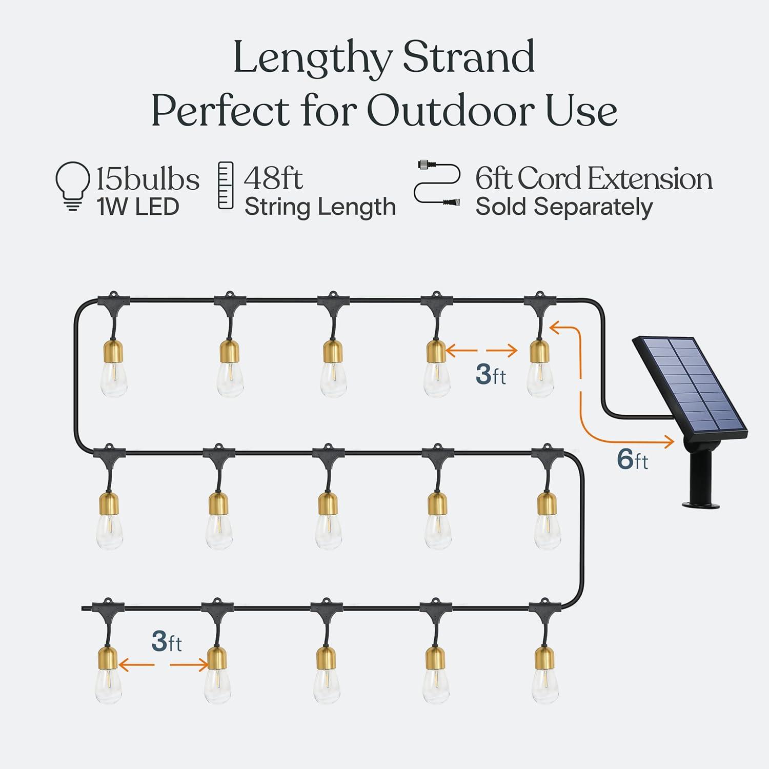 Solar Powered Brass LED Outdoor String Lights with Clear Bulbs